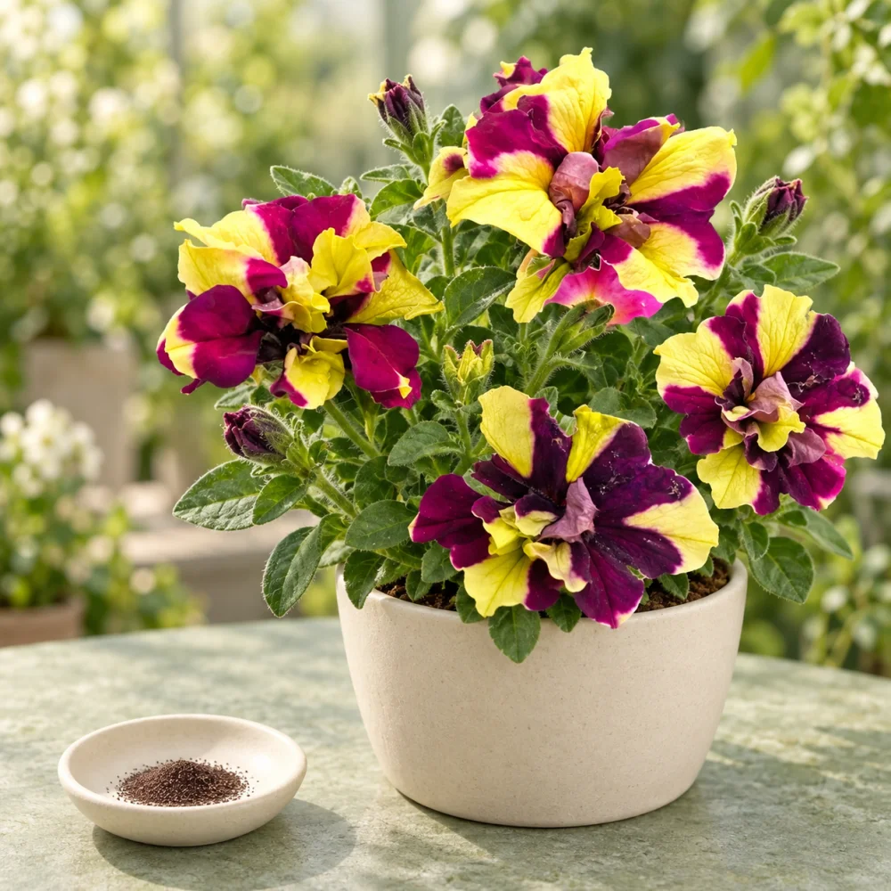Generated illustration of Double Gold Purple petunia flowers beside a dish of seeds