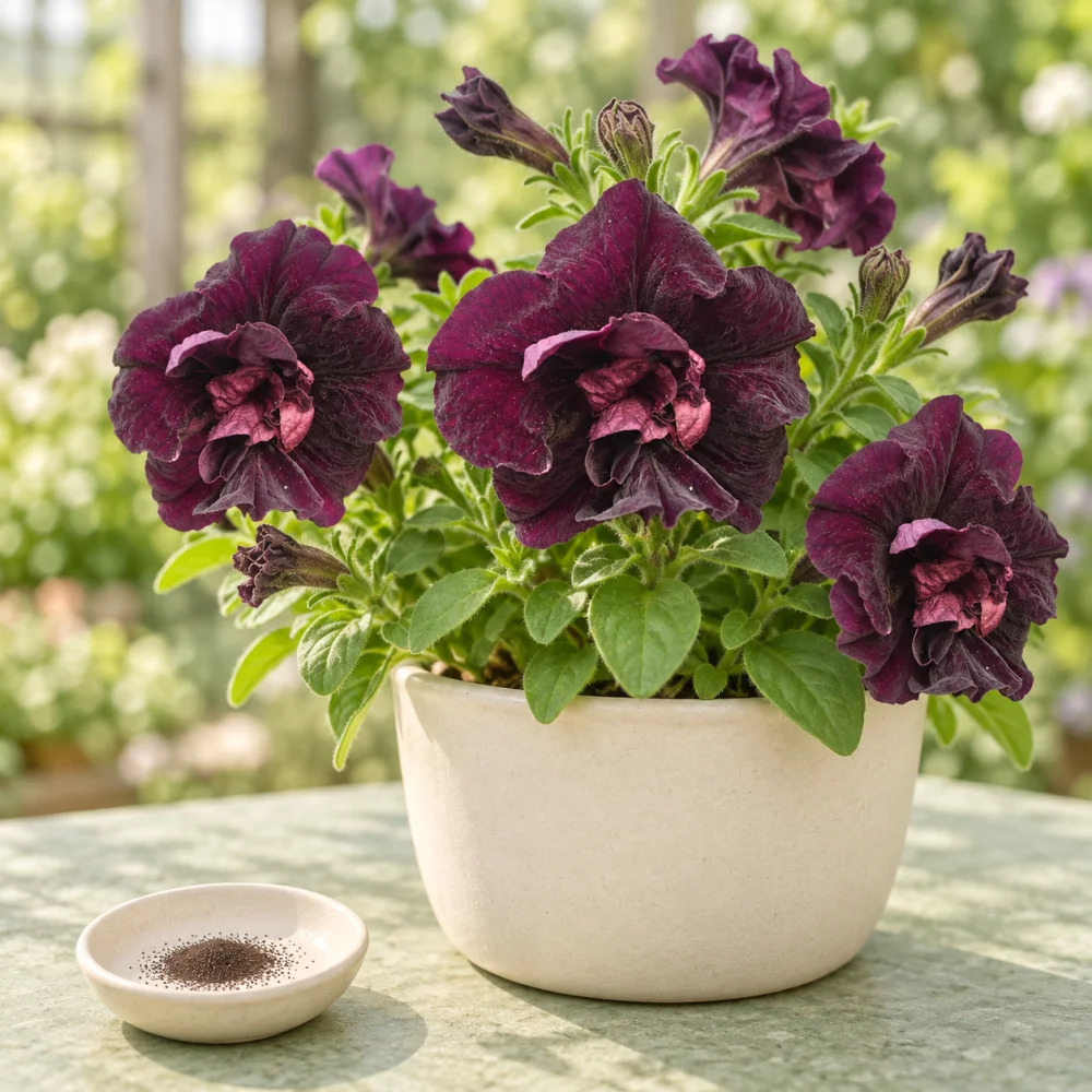 Generated illustration of Double Midnight Velvet petunia flowers beside a dish of seeds