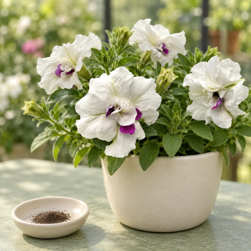 Generated illustration of Double Snow Green petunia flowers beside a dish of seeds