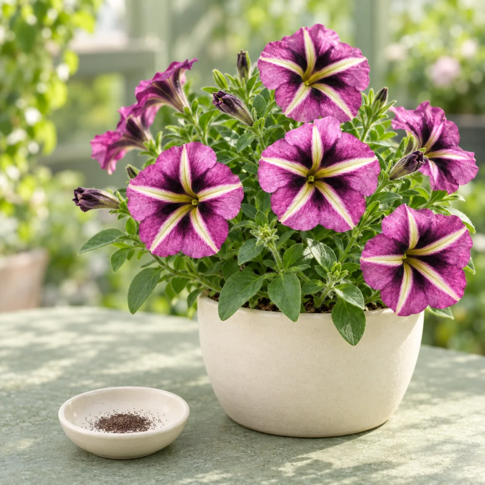 Generated illustration of Purple Star petunia flowers beside a dish of seeds
