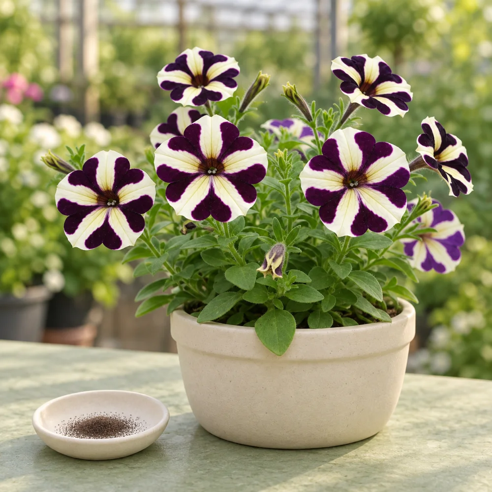 Generated illustration of Red Wine Star petunia flowers beside a dish of seeds