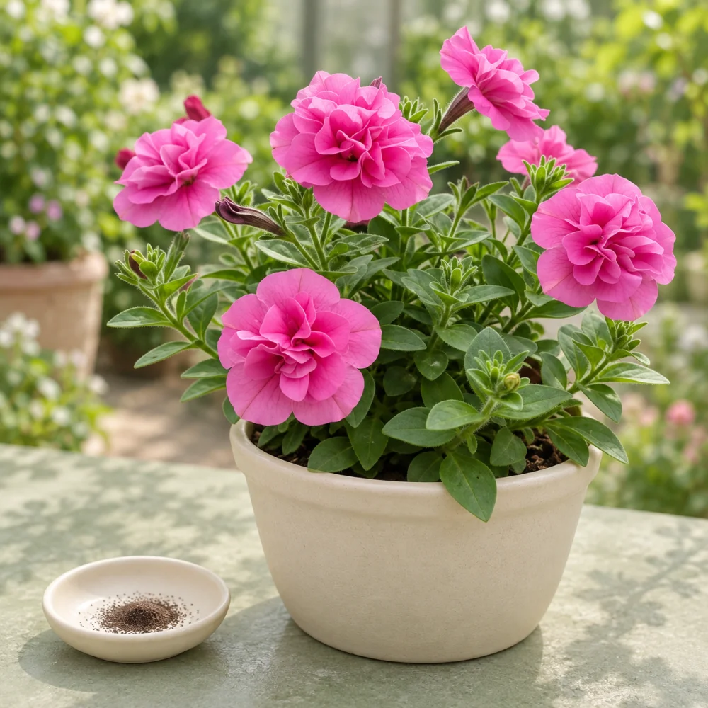 Generated illustration of Sweet Reverie petunia flowers beside a dish of seeds