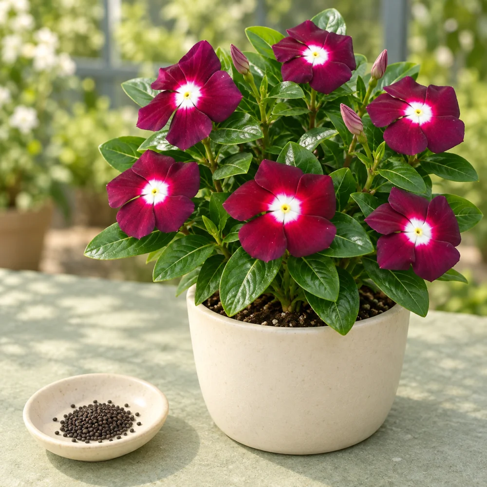 Generated illustration of Exotic Red Halo vinca flowers beside a dish of seeds