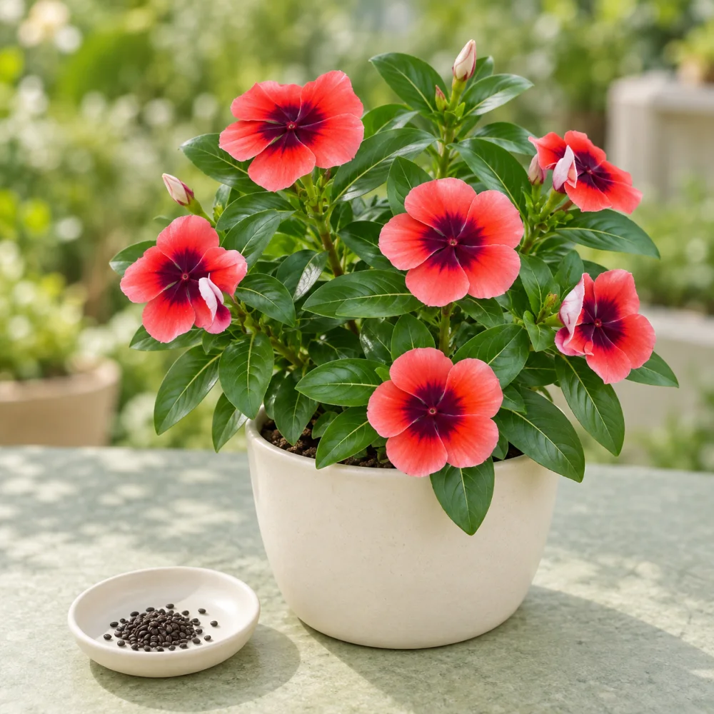 Generated illustration of Nirvana Oren vinca flowers beside a dish of seeds