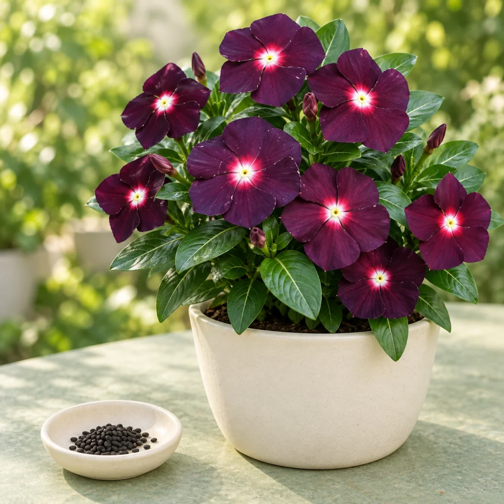 Generated illustration of Ocean Black Moon vinca flowers beside a dish of seeds