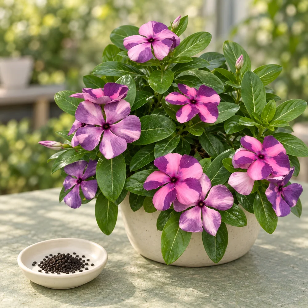 Generated illustration of Pink Batik vinca flowers beside a dish of seeds
