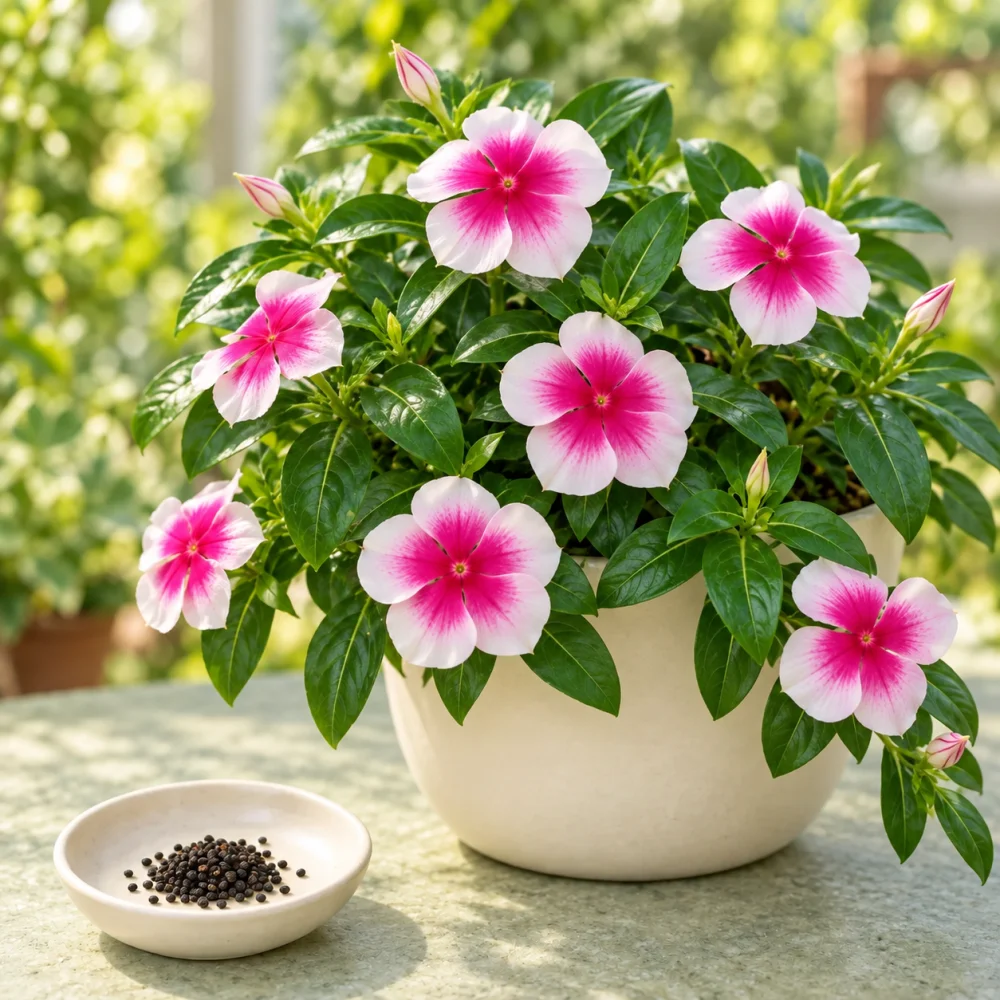 Nirvana Pink Splash vinca flowers beside a dish of seeds